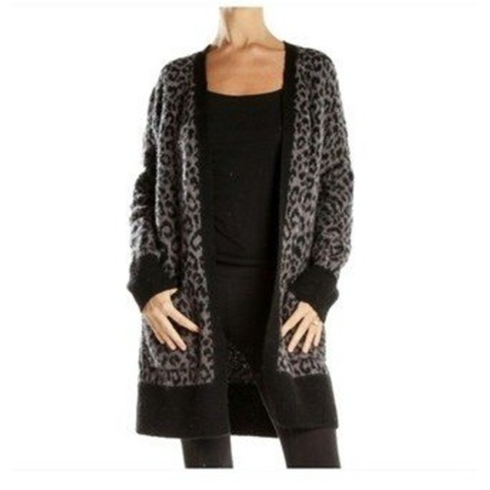 Lucky Brand Womens Leopard Print Open Front Cardigan Gray Black Wool Blend SizeM